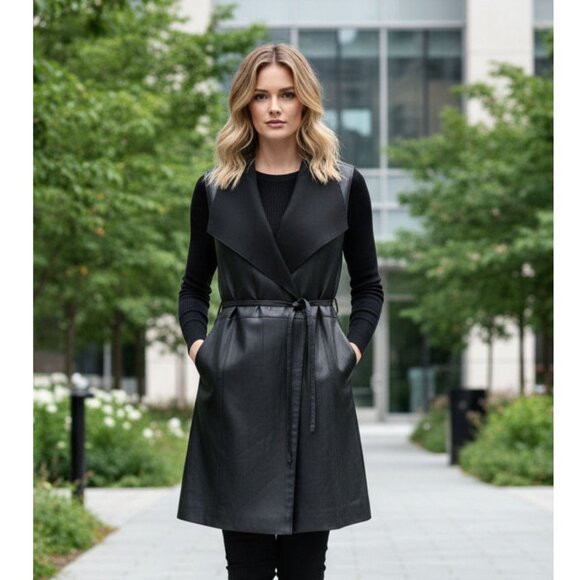 Vince Black Long Drape Leather Vest With Tie, Womens Size Medium - Picture 1 of 10